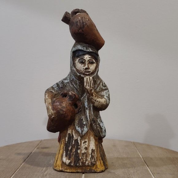 Vintage Hand Carved Wood Figure Lady Woman with Water Jars Jugs Folk Art - Picture 1 of 8